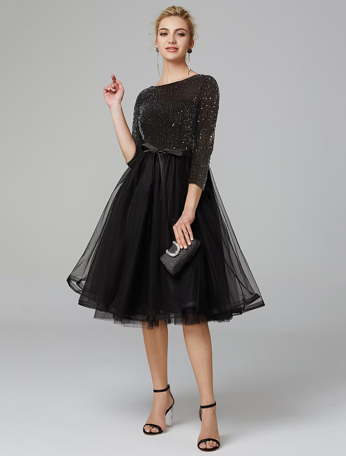 Luolandi A-Line Cocktail Dresses Sparkle & Shine Dress Formal Tea Length 3/4 Length Sleeve Jewel Neck Tulle with Sequin